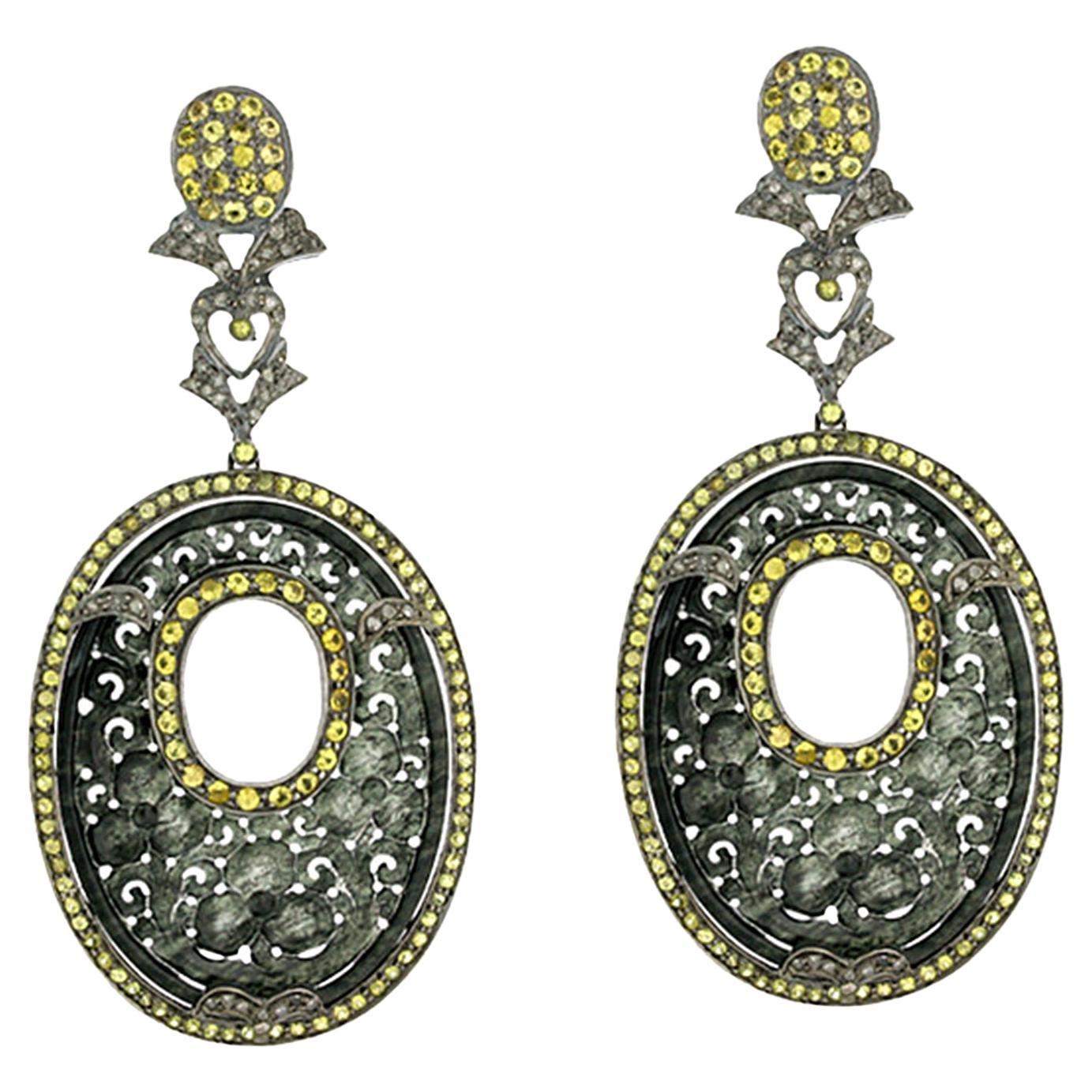 Oval Shaped Carved Jade Dangle Earrings With Sapphire & Diamonds