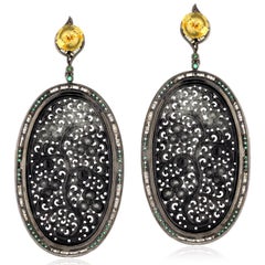 Oval Shaped Carved Black Jade Earring With Emerald & Diamonds In Gold & Silver