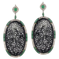 Oval Shaped Carved Black Jade Earring With Emerald & Diamonds In Gold & Silver