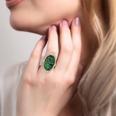 Oval Shaped Carved Jade Ring With Diamonds Made In 18k Yellow Gold