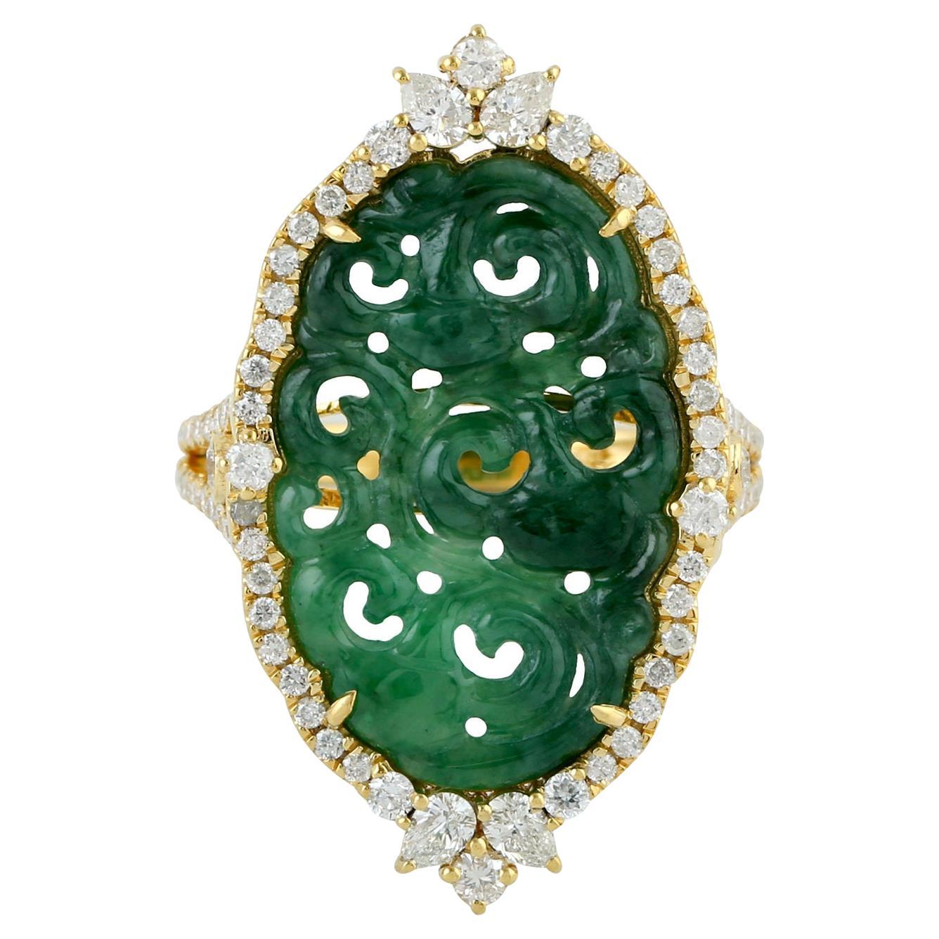 Oval Shaped Carved Jade Ring With Diamonds Made In 18k Yellow Gold  For Sale
