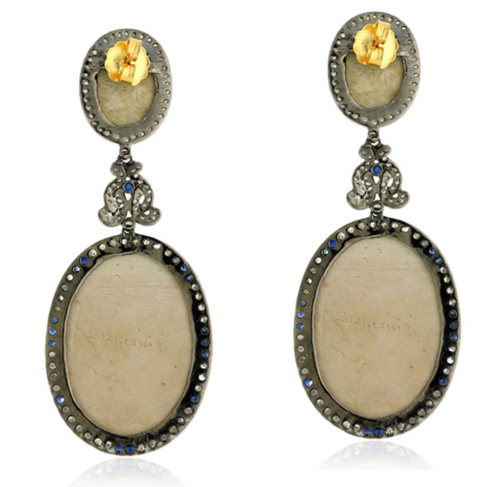 Round Cut Oval Shaped Carved Lava Quartz Earring with Blue Sapphire & Diamonds in 18k Gold For Sale