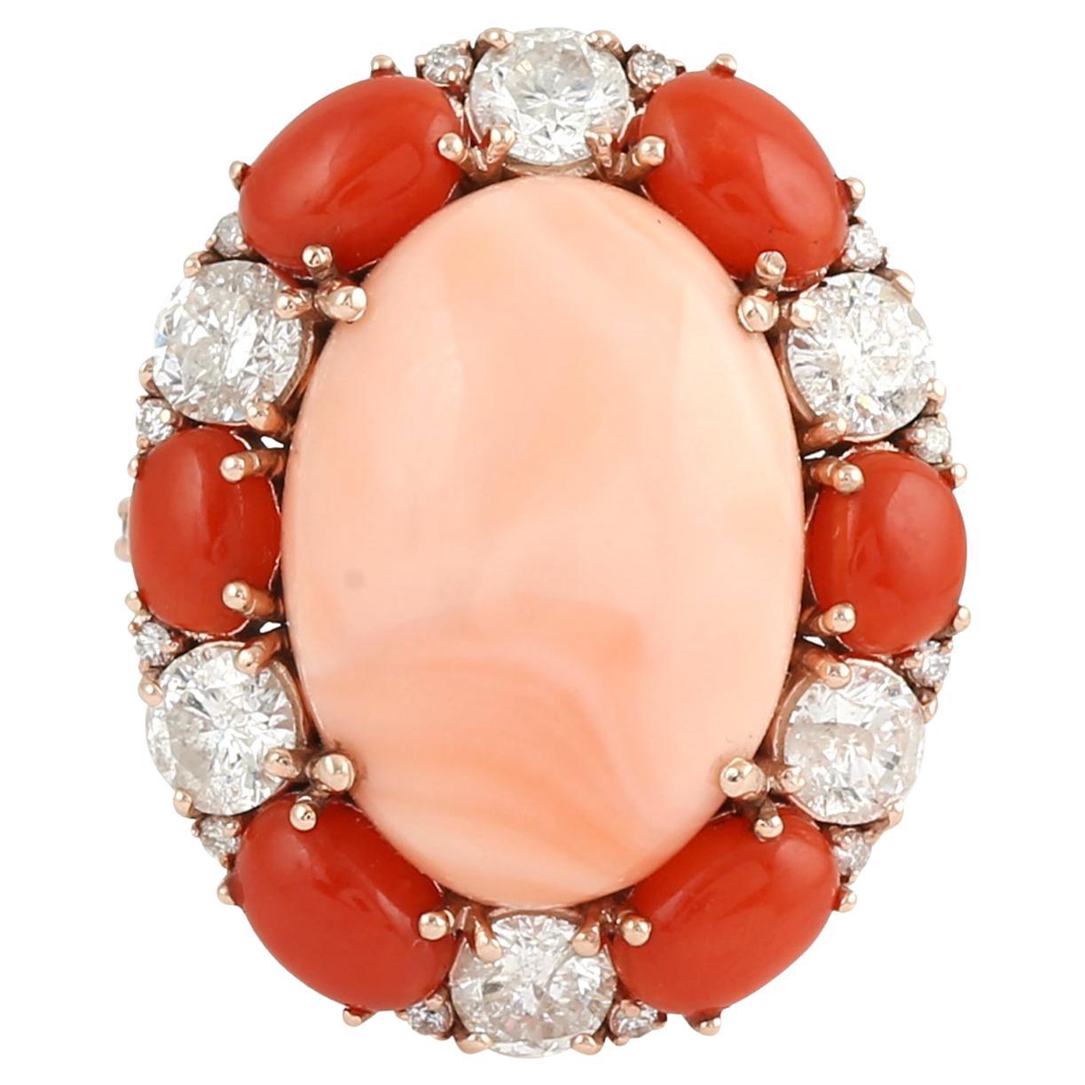 Oval Shaped Center Stone Coral Ring Accented WIth Orange Coral & Diamonds