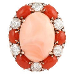 Oval Shaped Center Stone Coral Ring Accented WIth Orange Coral & Diamonds