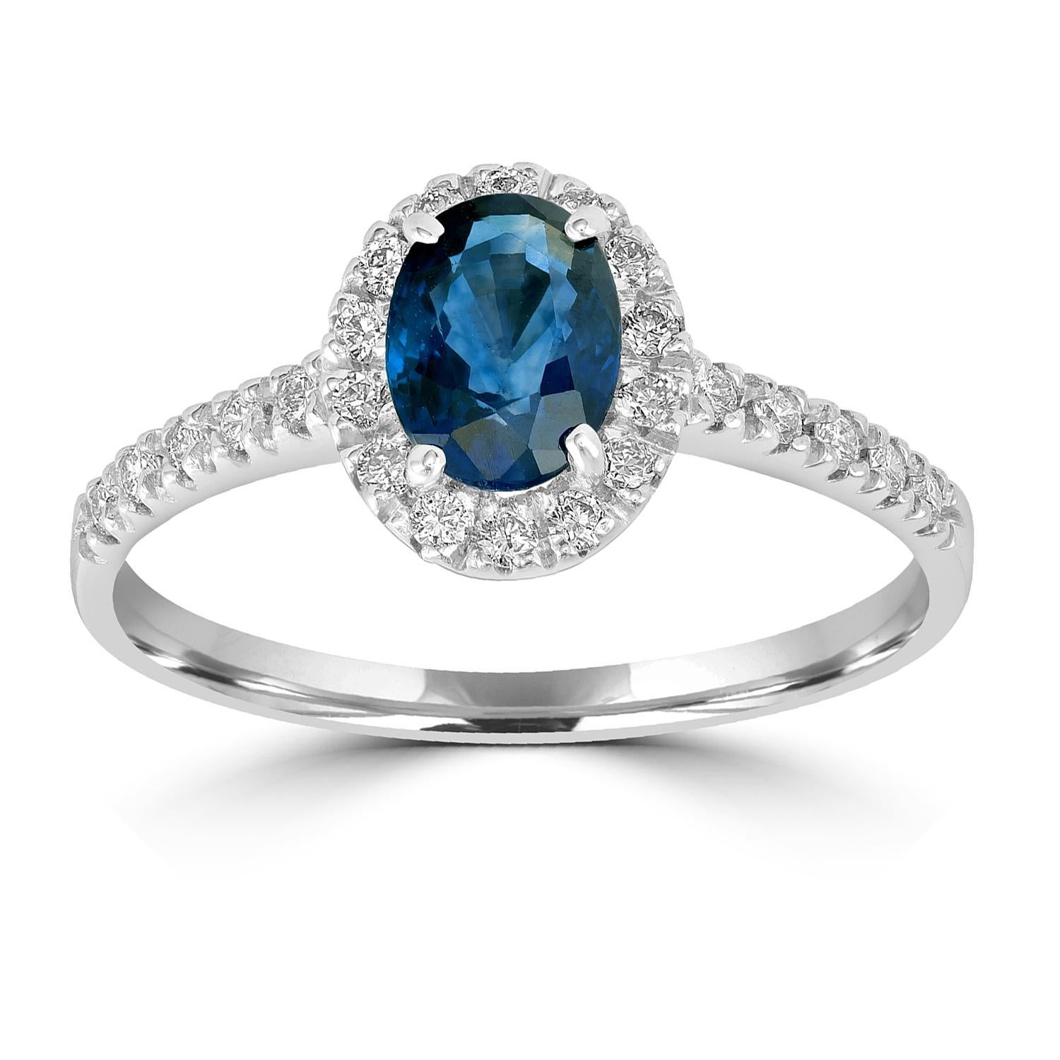 Art déco Bague en or blanc 18k avec saphir bleu de Ceylan de forme ovale et diamants en vente