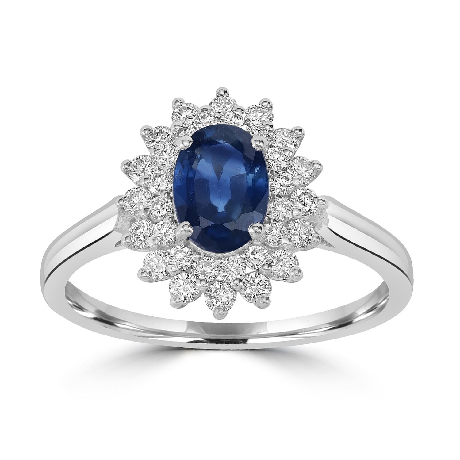Art déco Bague en or blanc 18k avec saphir bleu de Ceylan de forme ovale et diamants en vente
