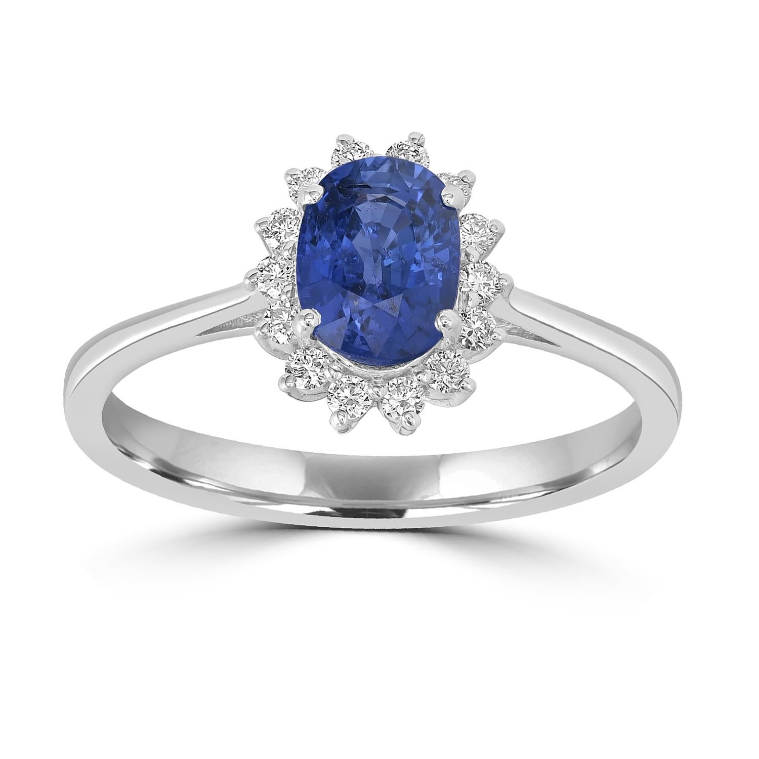 Art déco Bague en or blanc 18k avec saphir bleu de Ceylan de forme ovale et diamants en vente