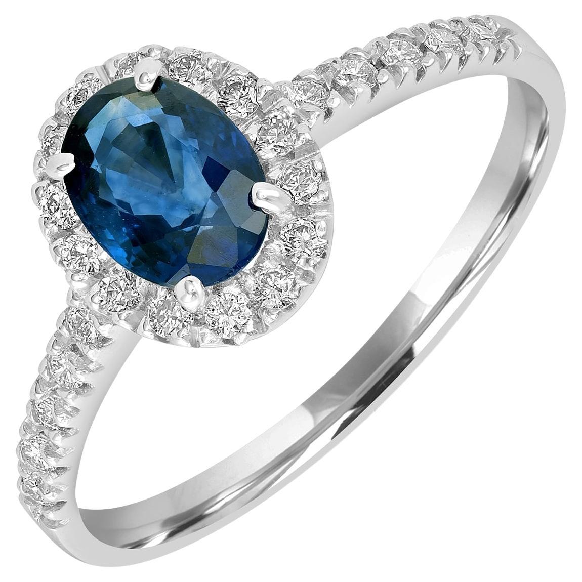 Bague en or blanc 18k avec saphir bleu de Ceylan de forme ovale et diamants