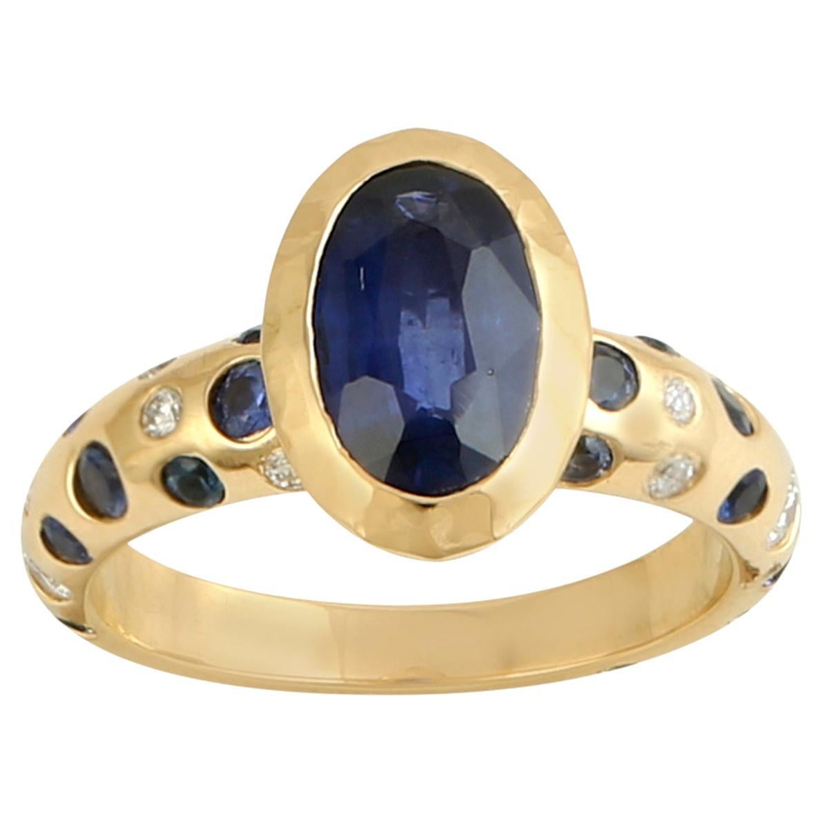 Oval Shaped Ceylon Blue Sapphire Band Ring With Diamonds Made In 18k Yellow Gold