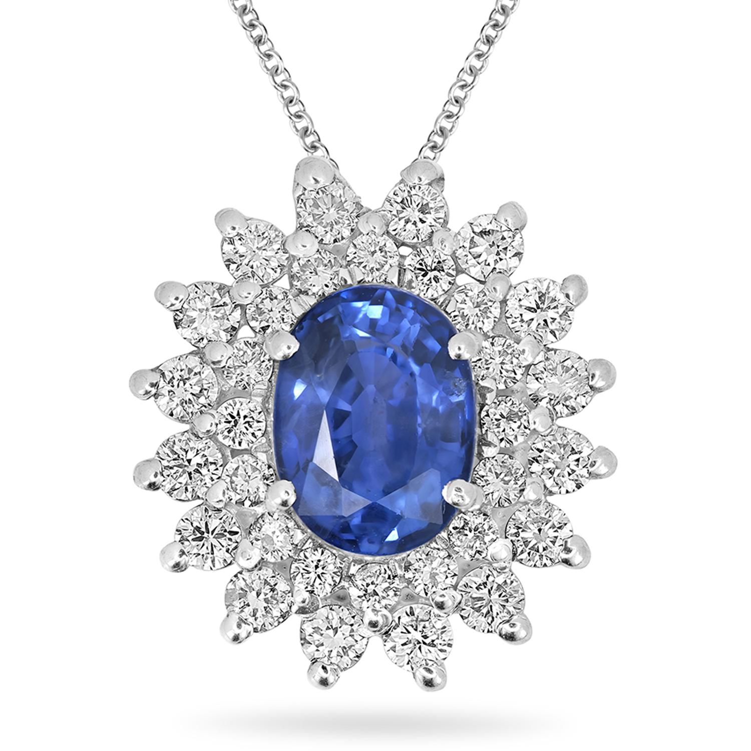 Art déco Pendentif minime en saphir bleu de Ceylan de forme ovale serti de diamants en 18k en vente