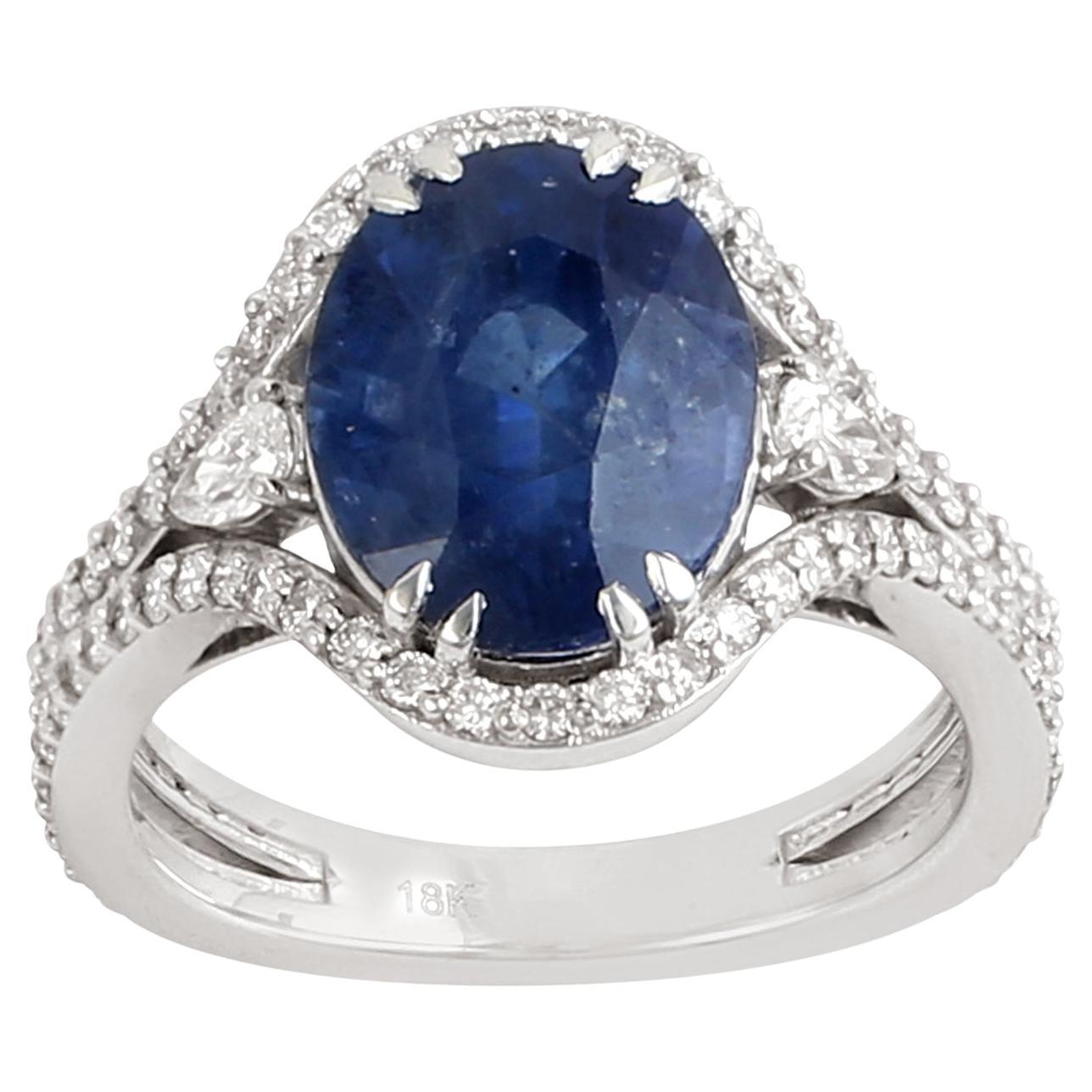 Oval Shaped Ceylon Blue Sapphire Ring Accented With Diamonds Made In 18k Gold
