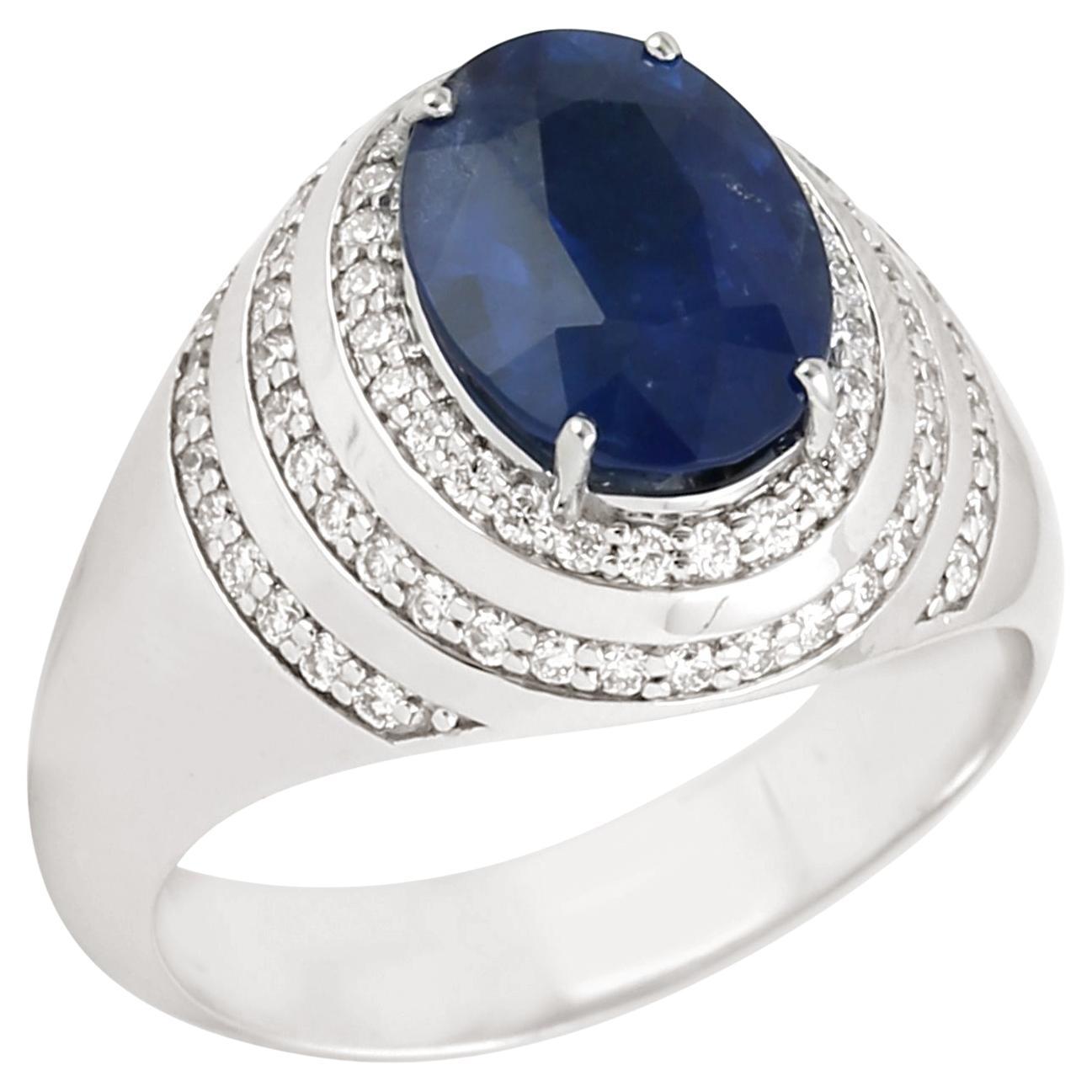 Oval Shaped Ceylon Blue Sapphire Ring With Diamonds Made In 18k White Gold