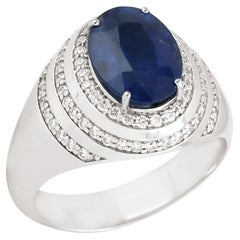 Oval Shaped Ceylon Blue Sapphire Ring With Diamonds Made In 18k White Gold
