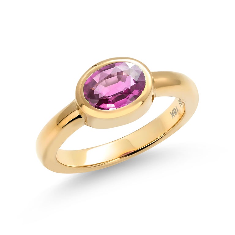 Oval Cut Oval Shaped Ceylon Pink Sapphire Bezel Raised Dome Yellow Gold Cocktail Ring For Sale