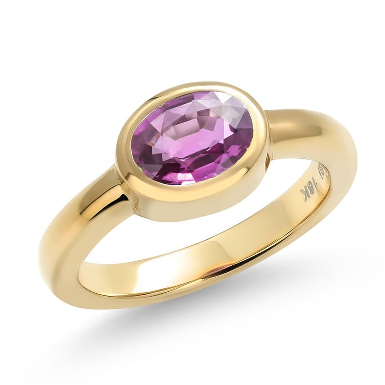 Oval Shaped Ceylon Pink Sapphire Bezel Raised Dome Yellow Gold Cocktail Ring For Sale 1