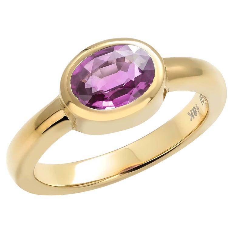 Oval Shaped Ceylon Pink Sapphire Bezel Raised Dome Yellow Gold Cocktail Ring For Sale