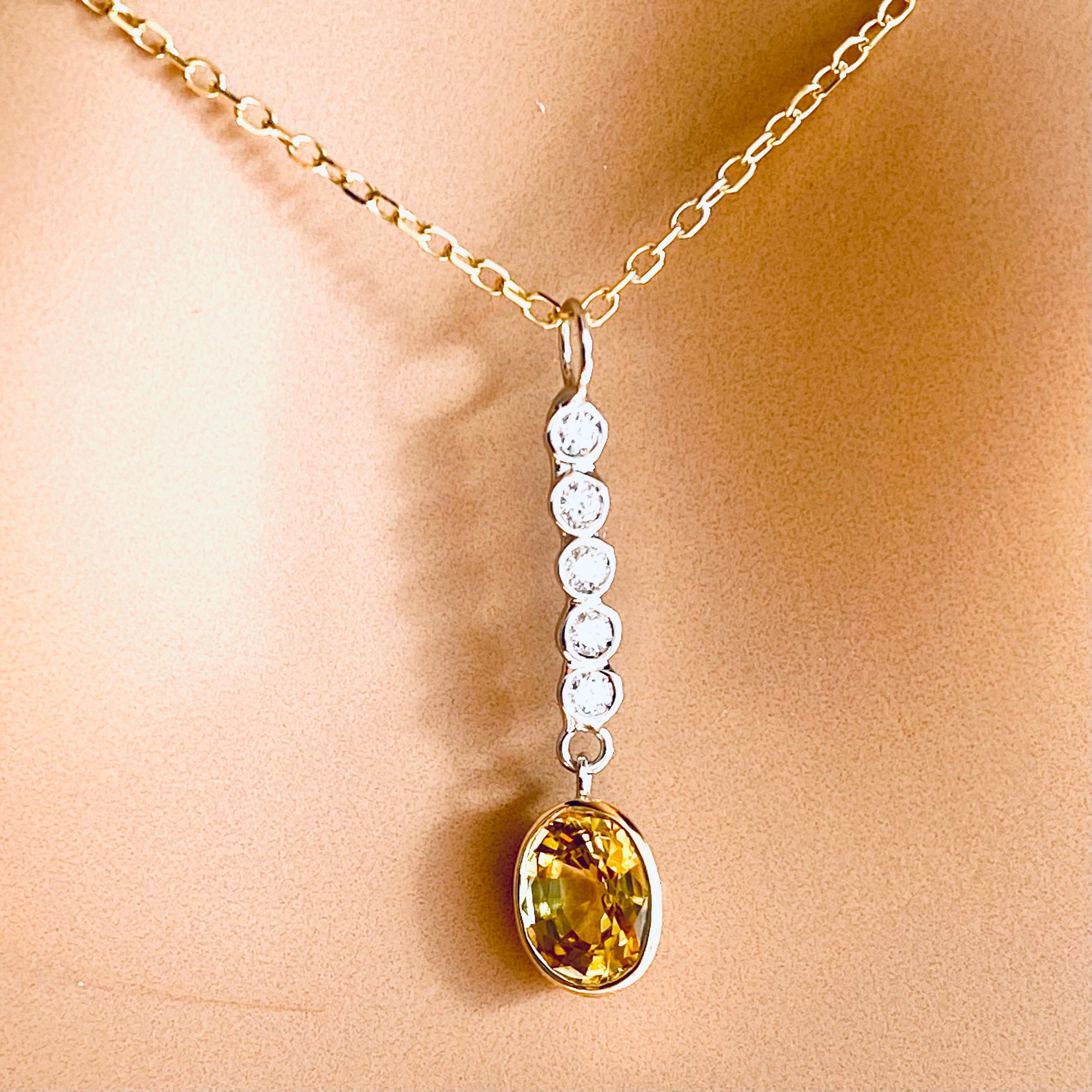 Contemporary Ceylon Yellow Sapphire Diamond 1.15 Carat Lariat Yellow Gold 17 Inch Pendant