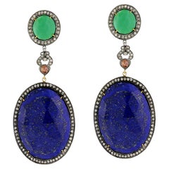 Oval Shaped Chrysoprase & Faceted Lapis Dangle Earrings with Pave Diamonds
