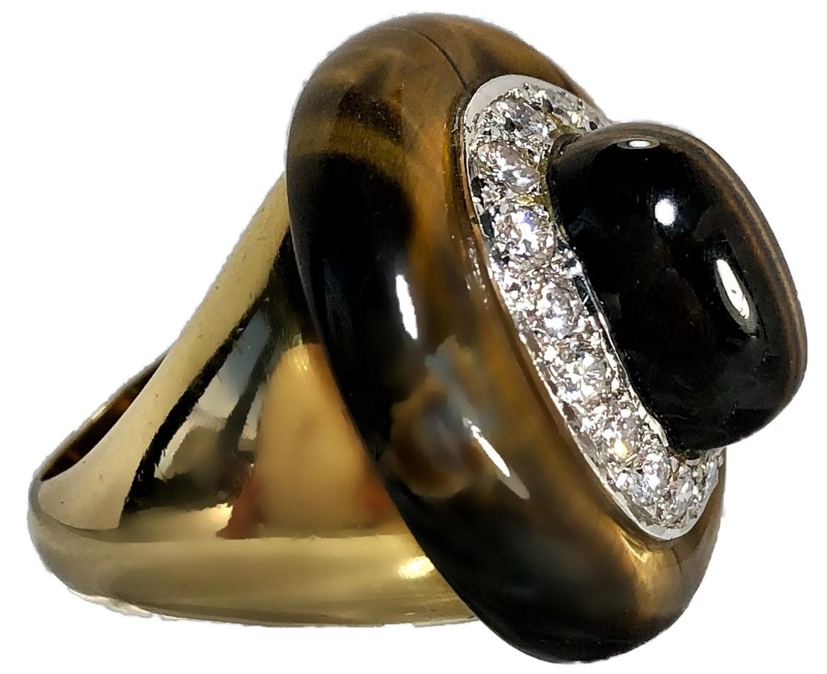 Brilliant Cut Oval Shaped Classic 1970s Gold Tiger's Eye and Diamond Ring For Sale