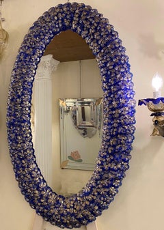 Oval Shaped Delicious Blu Flower Murano Glass Mirror