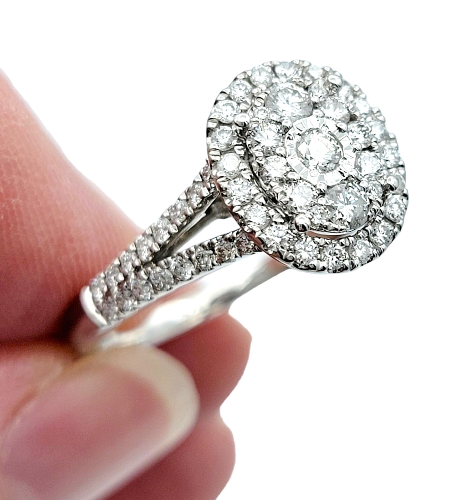 Oval Shaped Double Diamond Halo Split Shank Engagement Ring 14 Karat White Gold  For Sale 1