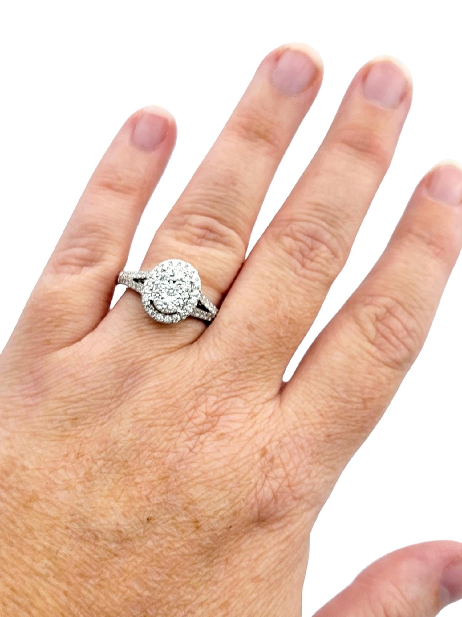Oval Shaped Double Diamond Halo Split Shank Engagement Ring 14 Karat White Gold  For Sale 2