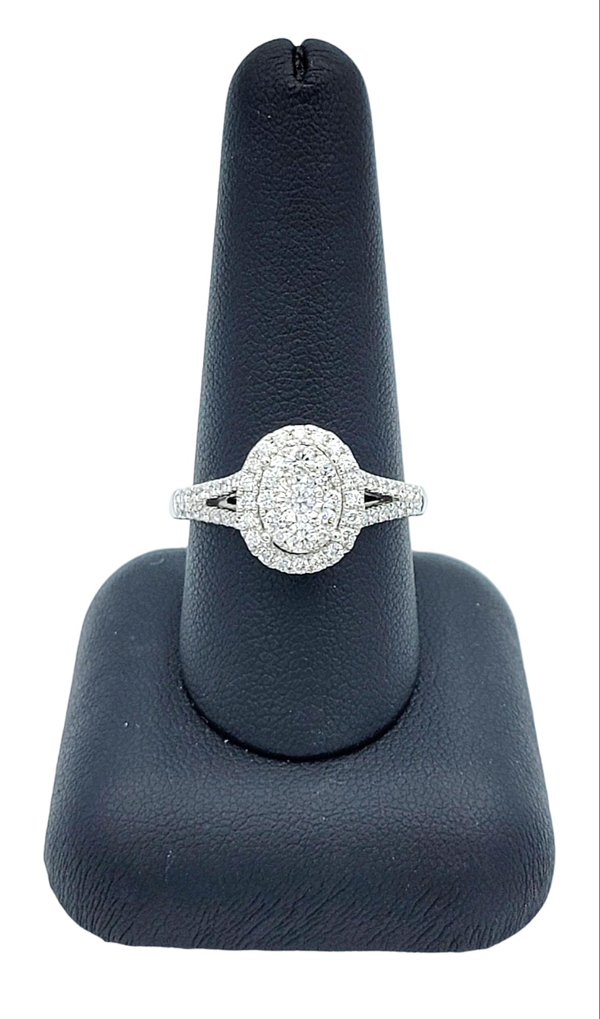 Oval Shaped Double Diamond Halo Split Shank Engagement Ring 14 Karat White Gold  For Sale 3