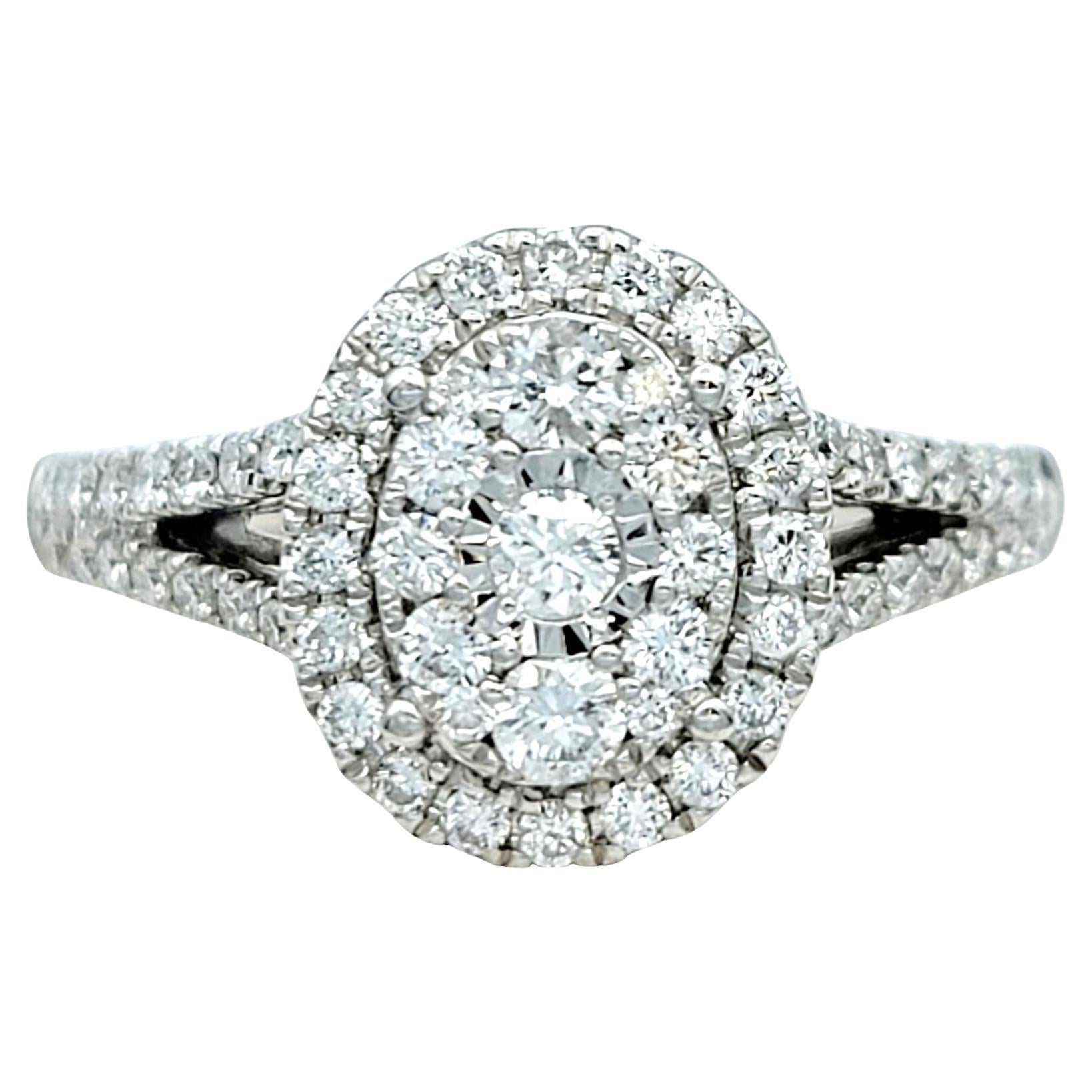 Oval Shaped Double Diamond Halo Split Shank Engagement Ring 14 Karat White Gold