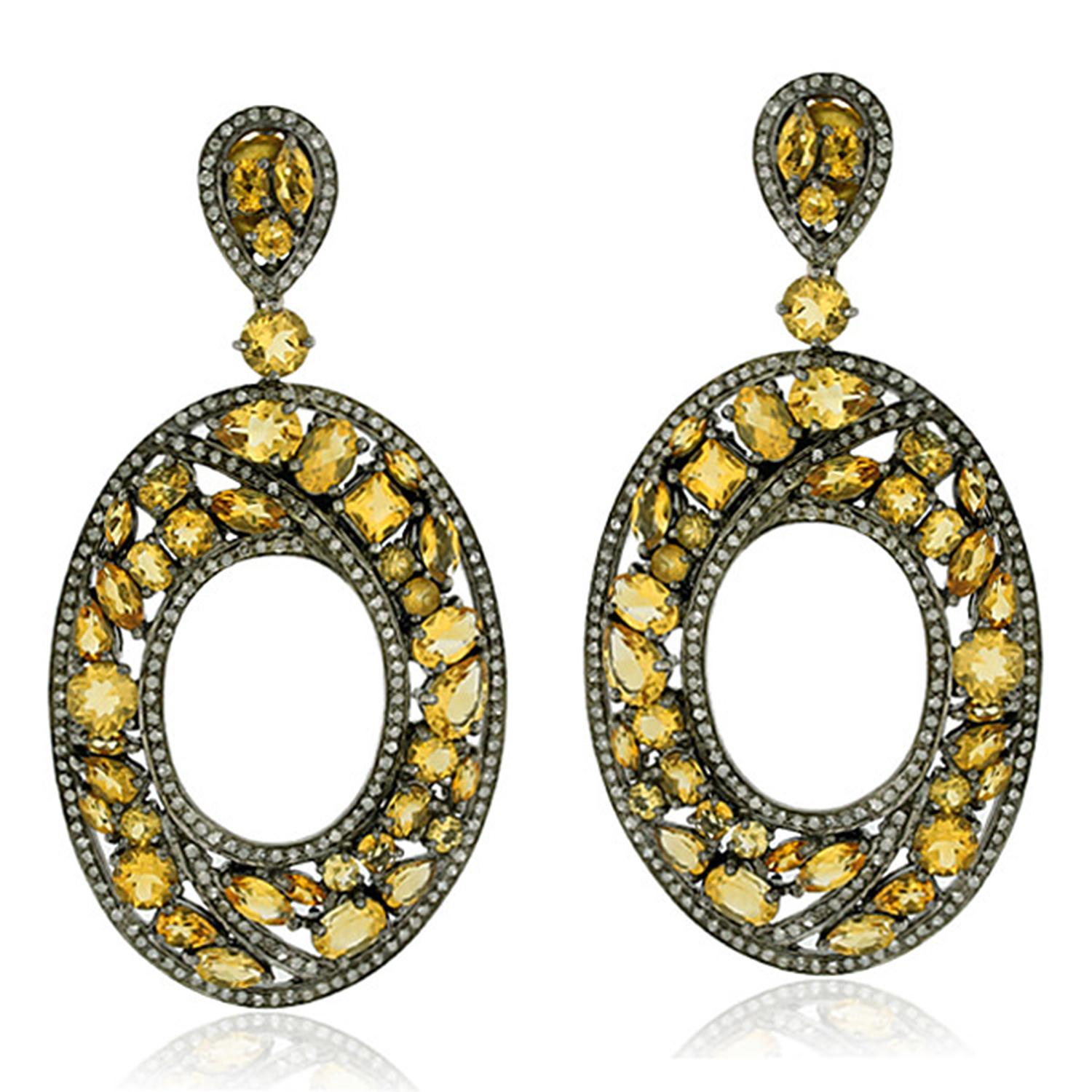 Mixed Cut Oval Shaped Earrings Filled with Multi Shaped Citrines & with Pave Diamonds For Sale