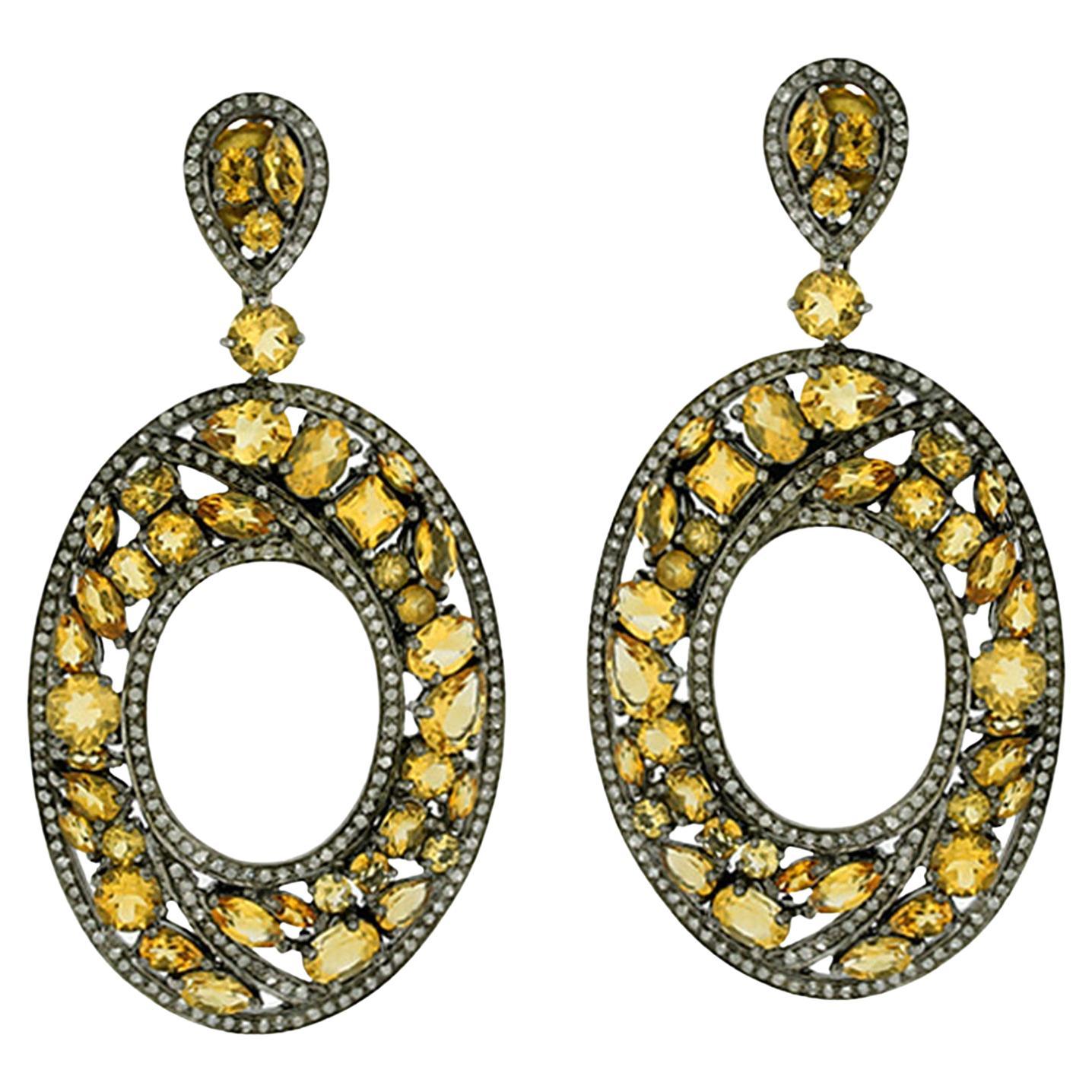 Oval Shaped Earrings Filled with Multi Shaped Citrines & with Pave Diamonds For Sale