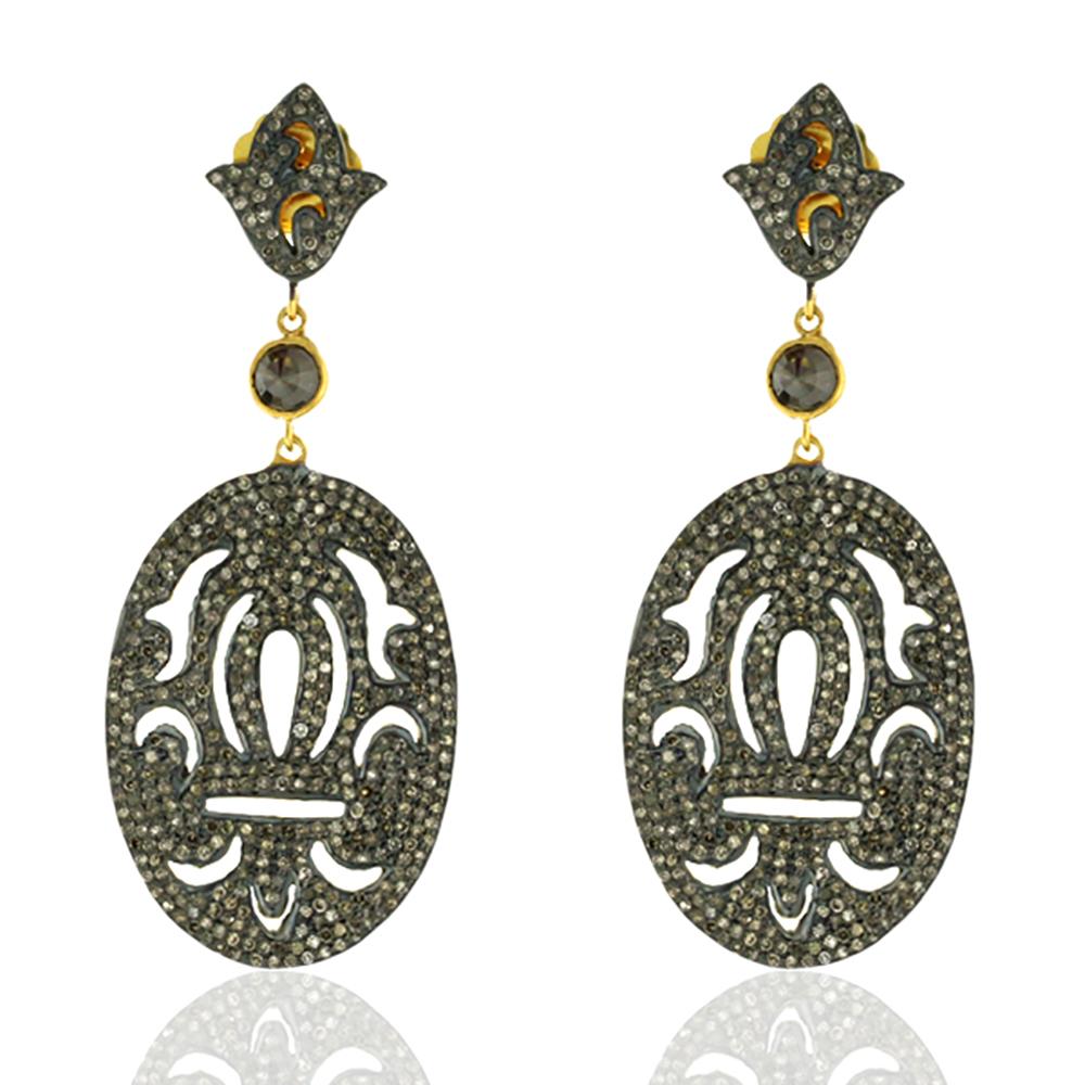 Round Cut Oval Shaped Earrings with Pave Black Diamonds Made in 18k Gold & Silver For Sale
