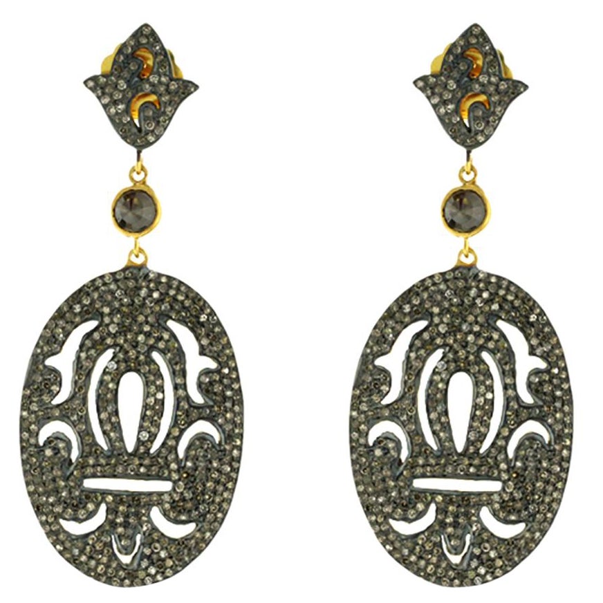 Boucles d'oreilles de forme ovale avec diamants noirs pavés en or et argent 18 carats