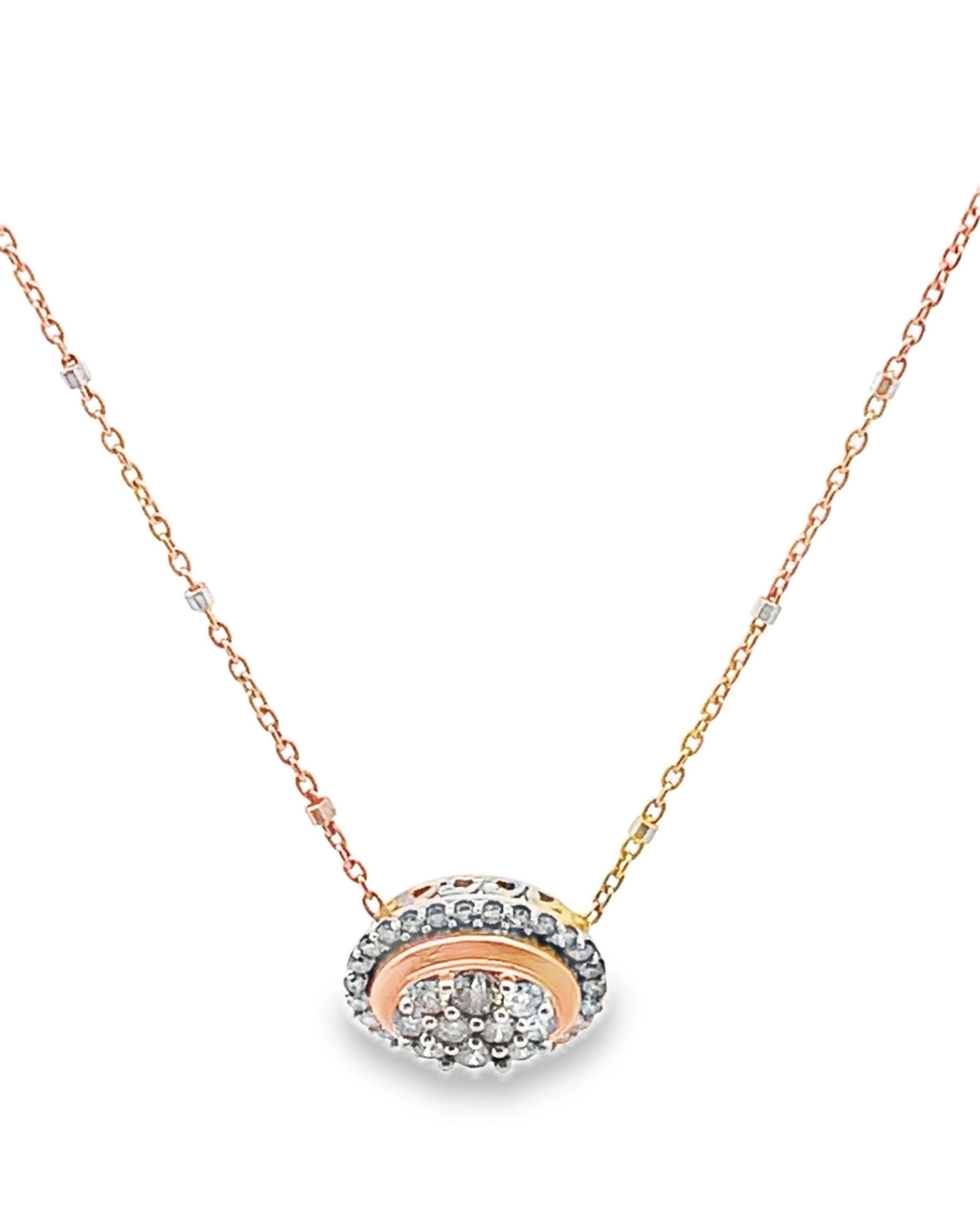 Taglio rotondo Collana con ciondolo East West Diamond a forma ovale in oro bianco e rosa 14 carati in vendita