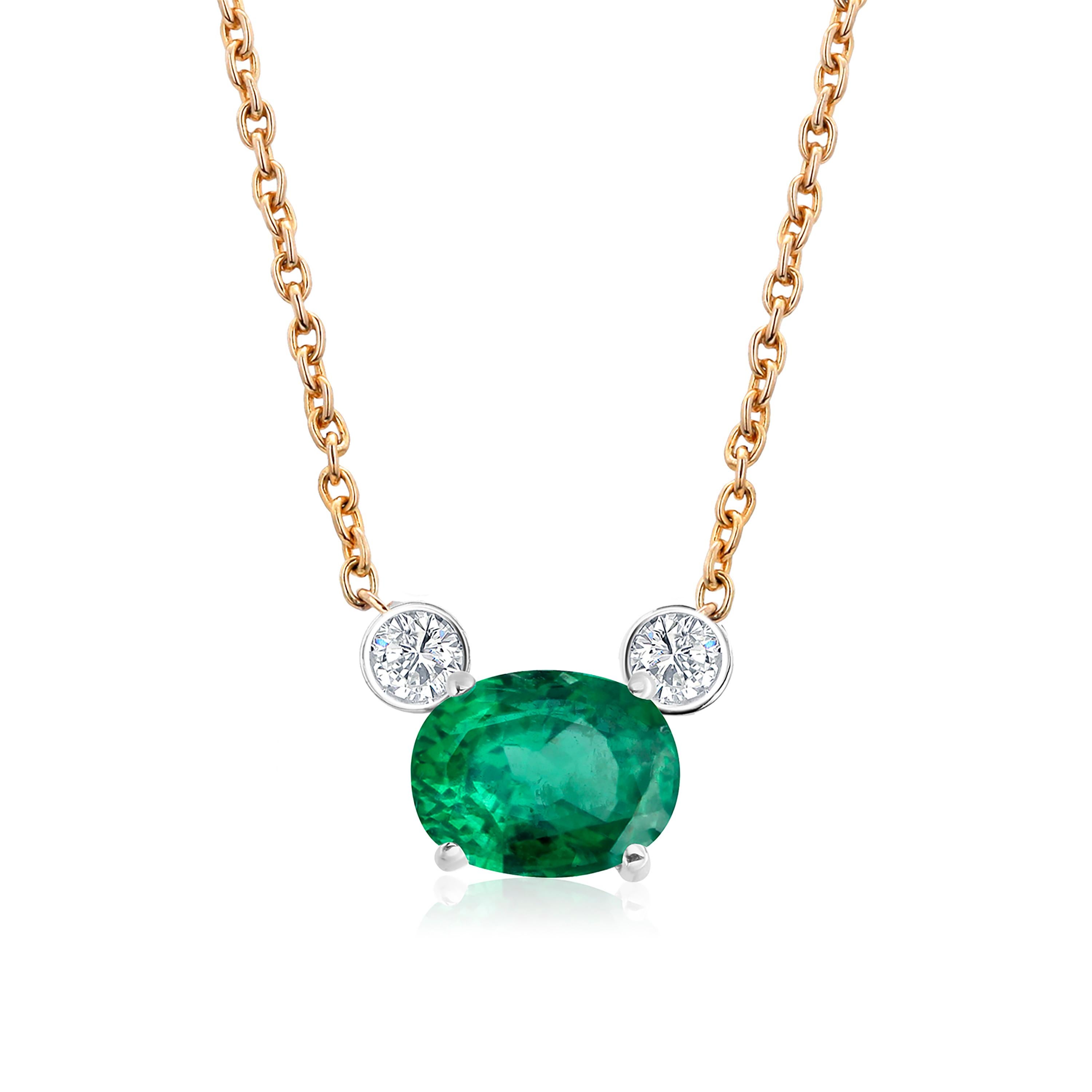 Contemporary Oval Shaped Emerald and Round Diamond Gold Drop Pendant Necklace
