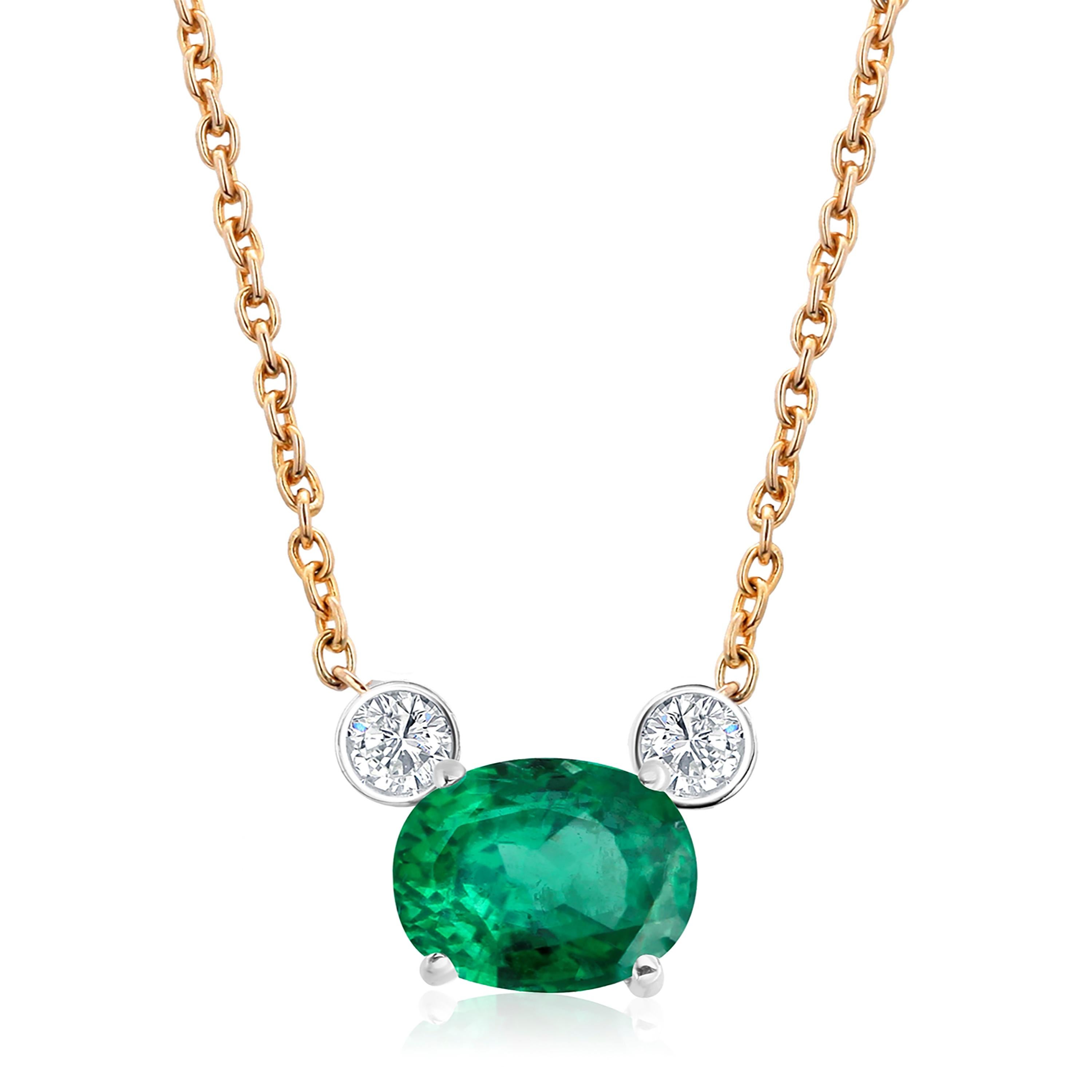 Oval Shaped Emerald and Round Diamond Gold Drop Pendant Necklace In New Condition In New York, NY