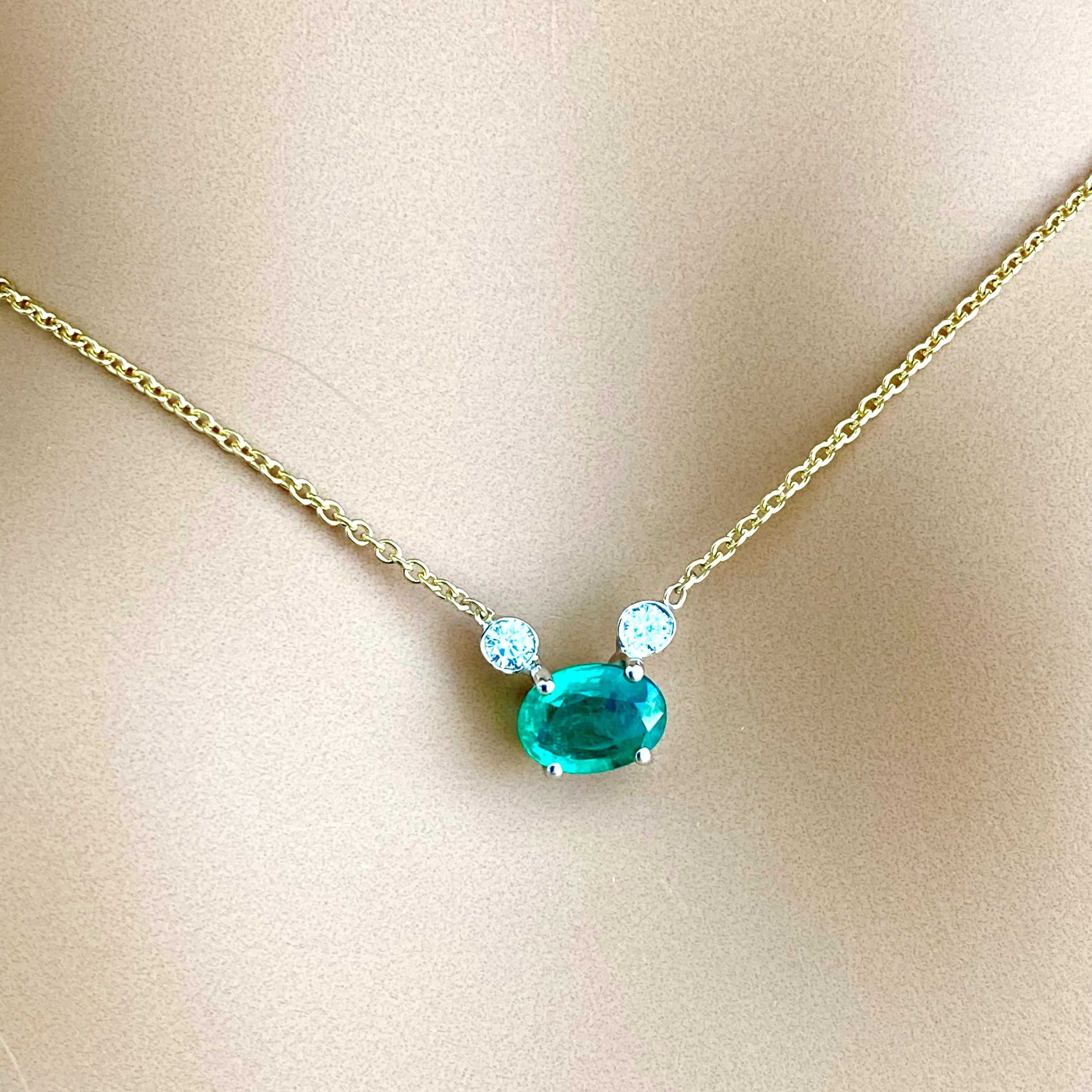 Oval Shaped Emerald and Round Diamond Gold Drop Pendant Necklace 2