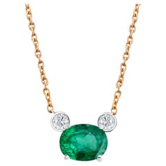 Oval Shaped Emerald and Round Diamond Gold Drop Pendant Necklace