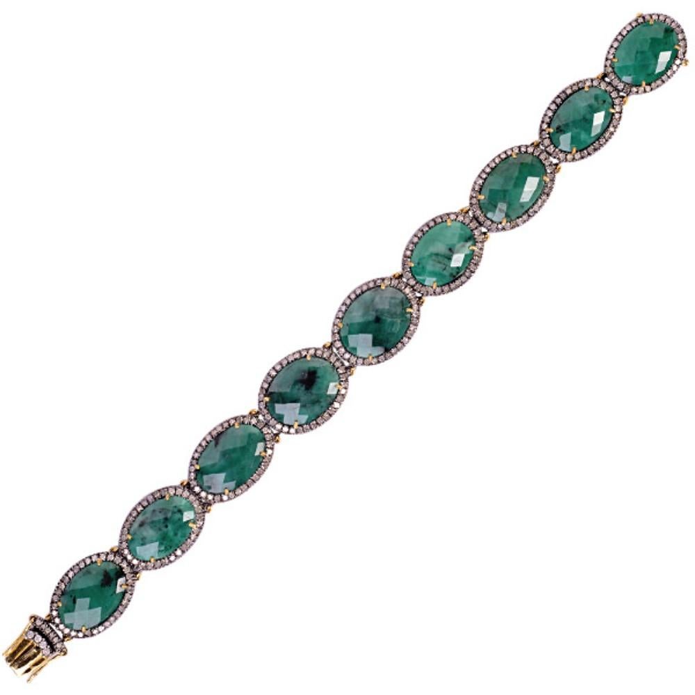 Contemporary Oval Shaped Emerald Bracelet With Pave Diamonds Made in 18k Gold & Silver For Sale