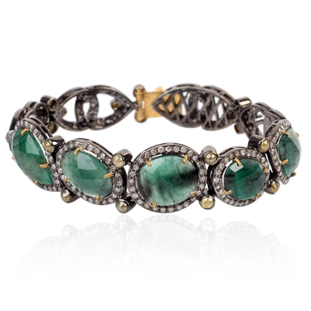 Artisan Oval Shaped Emerald Bracelet with Pave Diamonds Made in 18k Gold & Silver For Sale