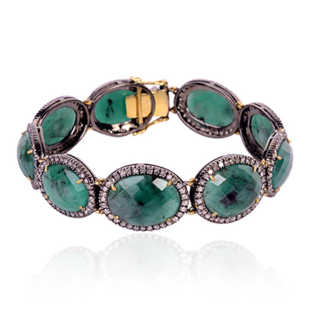 Mixed Cut Oval Shaped Emerald Bracelet With Pave Diamonds Made in 18k Gold & Silver For Sale