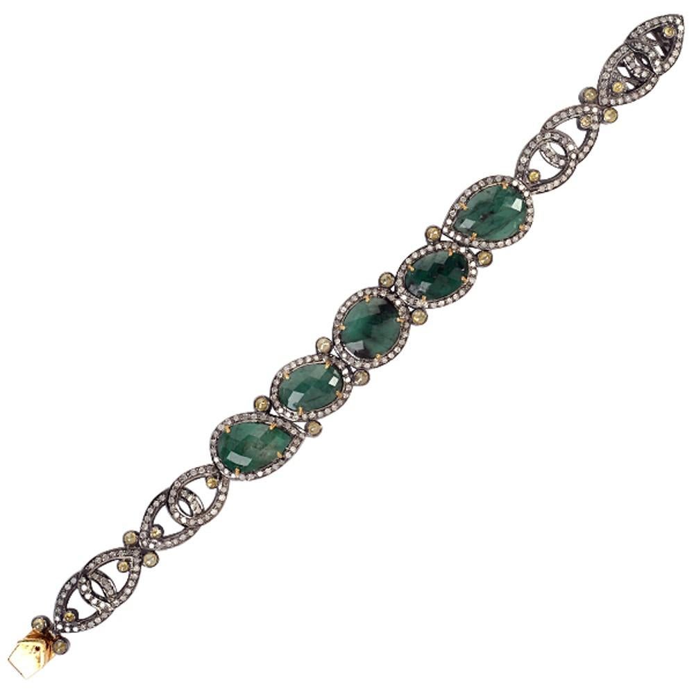 Mixed Cut Oval Shaped Emerald Bracelet with Pave Diamonds Made in 18k Gold & Silver For Sale