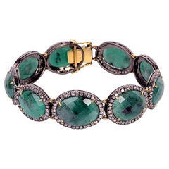Oval Shaped Emerald Bracelet With Pave Diamonds Made in 18k Gold & Silver