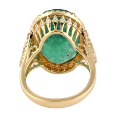 Oval Shaped Emerald Cocktail Ring With Pave Diamonds Made In 18k Yellow Gold
