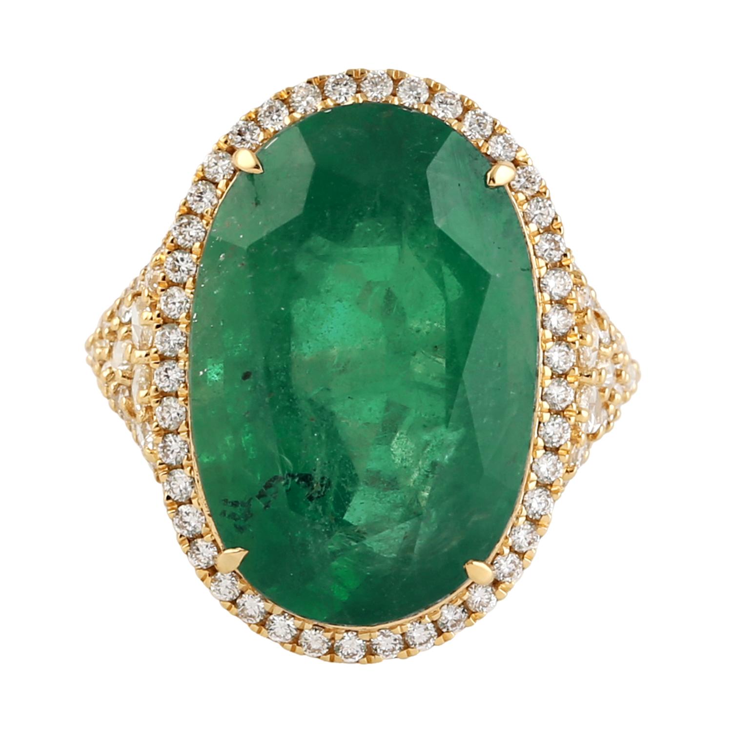 Mixed Cut Oval Shaped Emerald Cocktail Ring With Pave Diamonds Made In 18k Yellow Gold For Sale