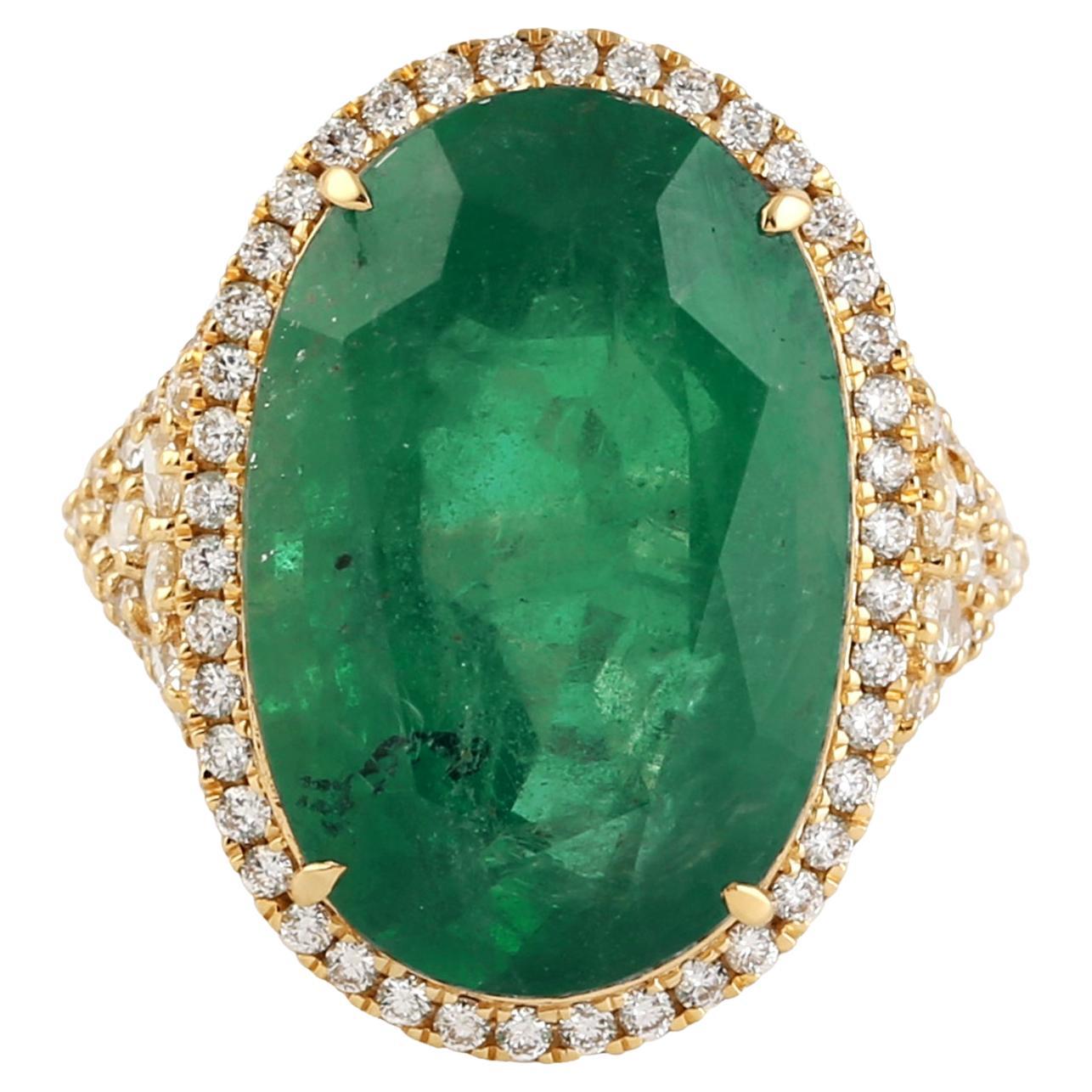 Oval Shaped Emerald Cocktail Ring With Pave Diamonds Made In 18k Yellow Gold For Sale