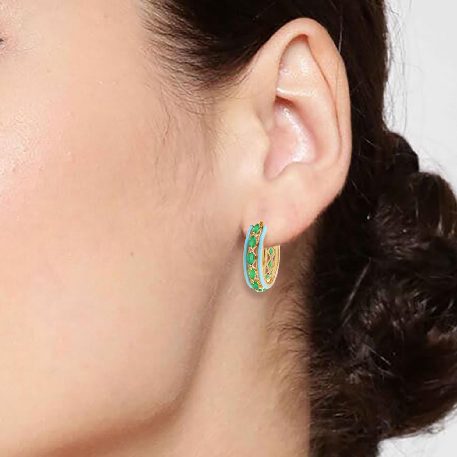Artisan Oval Shaped Emerald Hoop Earrings With Blue Enamel Made In 18k Yellow Gold For Sale