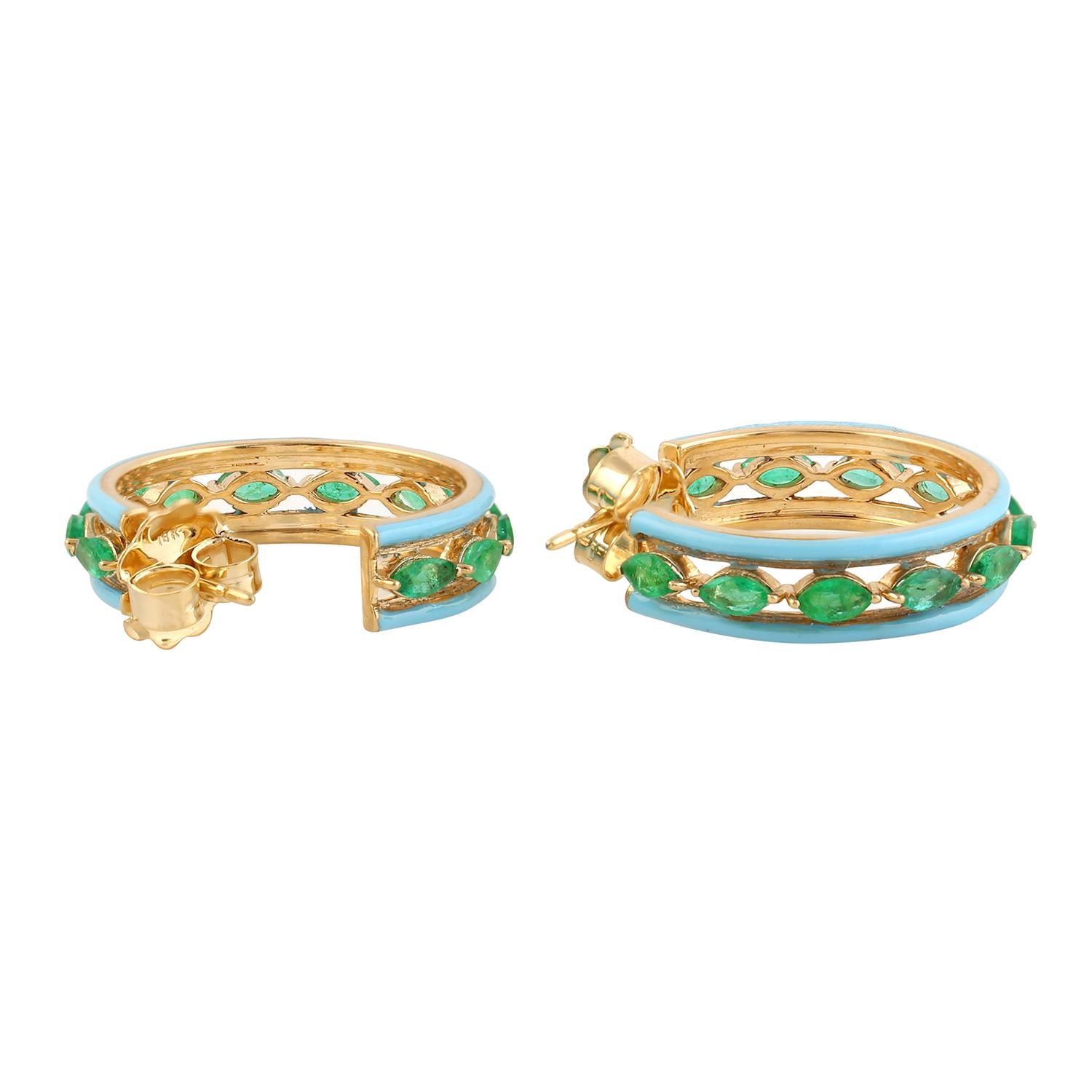 Mixed Cut Oval Shaped Emerald Hoop Earrings With Blue Enamel Made In 18k Yellow Gold For Sale