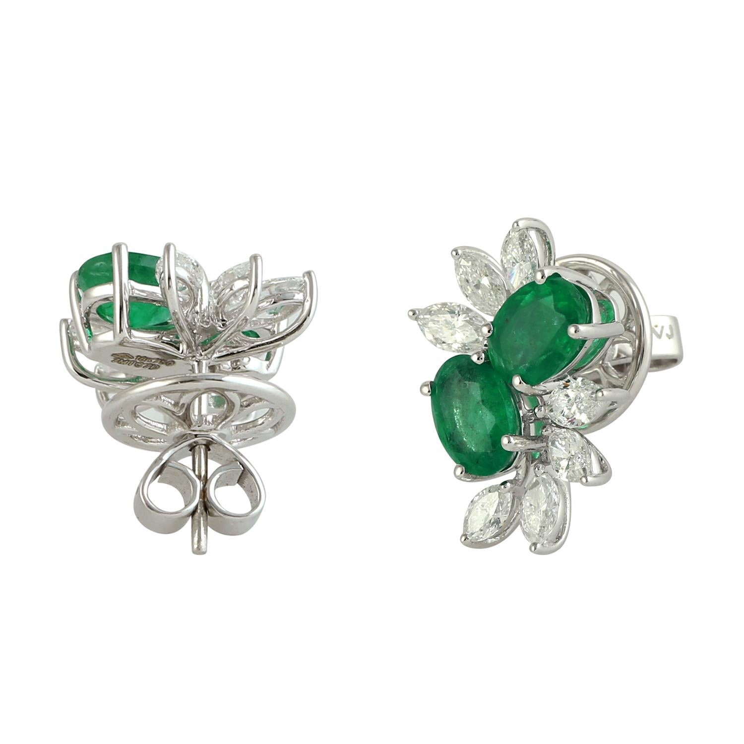 Art Deco Oval Shaped Emerald & Pear Shaped Diamonds Studs Made In 18k White Gold For Sale