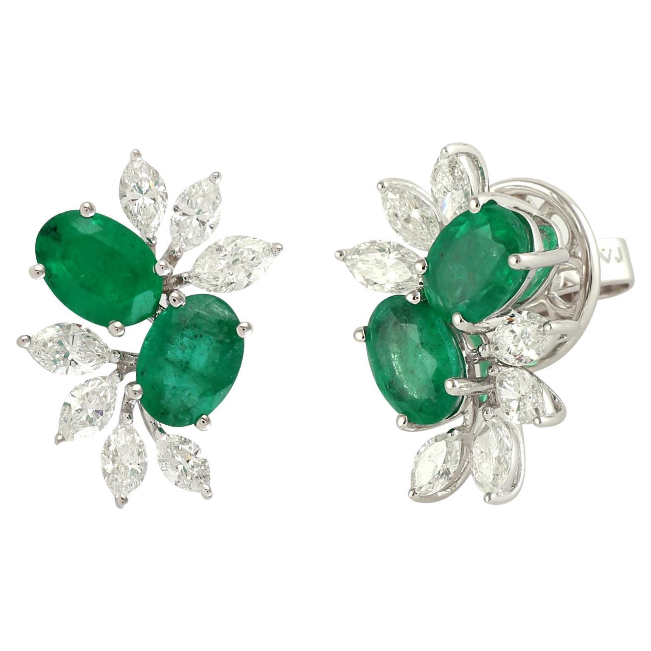 Oval Shaped Emerald & Pear Shaped Diamonds Studs Made In 18k White Gold For Sale