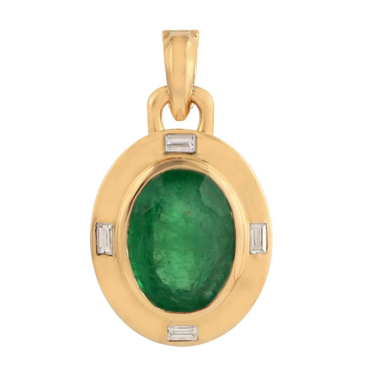 Mixed Cut Oval Shaped Emerald Pendant With Diamonds Enclosed In 18k Yellow Gold Frame For Sale
